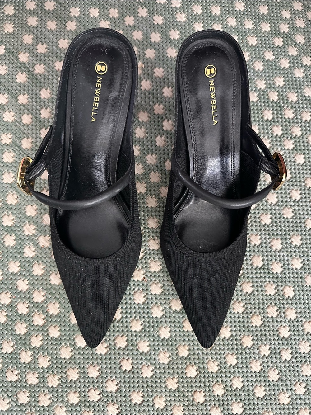 Newbella Black Pointed Slingback Mules with Gold Buckle